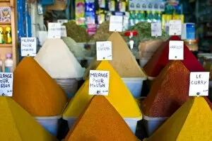 Colourful spices in the souk of the coastal city of Essaouira, Morocco