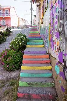 Colourful Prints: Colourful street, Valparaiso, UNESCO World Heritage Site, Chile, South America