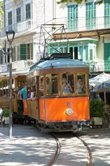 Mallorca Prints: Colourful tram in Placa Constitucio, Soller, Mallorca, Balearic Islands