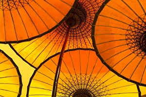 Colourful yellow and orange parasols backlight, Bagan, Myanmar (Burma), Southeast Asia