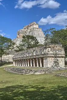 Uxmal Prints: Columns Building in foreground with Pyramid of the Magician beyond, Uxmal, Mayan