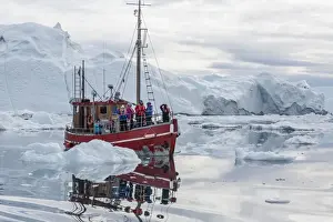 A commercial iceberg tour amongst huge icebergs calved from the Ilulissat Glacier, UNESCO World Heritage Site, Ilulissat, Greenland, Polar Regions
