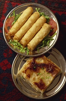 Plates Prints: Common warm starter of borek rolls and cheese pie, Turkey, Eurasia