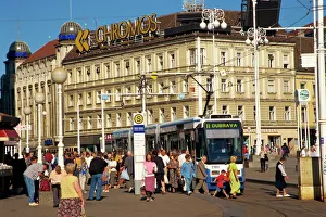Tram Prints: Commuters and tram in Ban Jelacic Square, Zagreb, Croatia, Europe