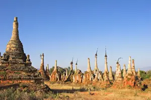 Complex of unrestored shrines and stupas at Nyaung Ohak Monastery (Under the Banyan Trees monastery), Indein, Inle Lake, Shan State, Myanmar
