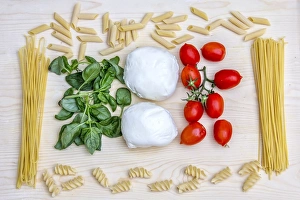 Overhead View Prints: Composition with the bright colours of Italian food: pasta