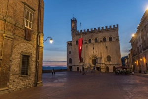 Consolis Palace after sunset, Gubbio, Umbria, Italy, Europe