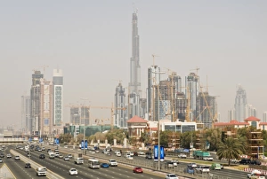 Building Sites Prints: Construction site along Sheik Zayed Road, Dubai, United Arab Emirates, Middle East