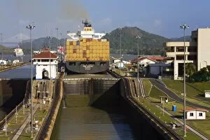 Container ship in Miraflores Locks, Panama Canal, Panama, Central America