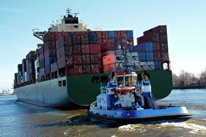 Large Group Of Objects Prints: Container ship on the River Elbe, Hamburg, Germany, Europe
