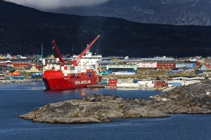 Qoornoq Prints: Container ship unloading at Nanortalik Port, Island of Qoornoq, Province of Kitaa
