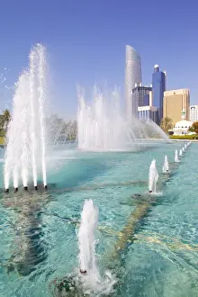 Contemporary architecture and Al Markaziyah Gardens and Fountain, Abu Dhabi, United Arab Emirates, Middle East