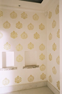 Gold Leaf Prints: Contemporary gold leaf stencil work in anteroom to