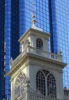 Boston Prints: Contrasting church tower and modern office building, Boston, Massachusetts