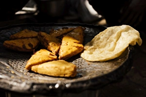 Culinary Prints: Cooked bhature and samosas, Sector 7, Chandigarh, Punjab and Haryana Provinces, India