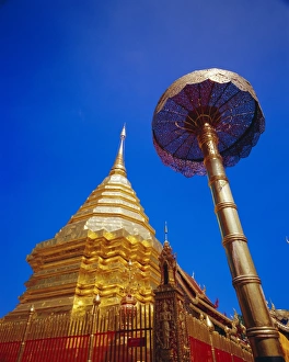 Chedi Prints: Copper plated Chedi and five tiered golden umbrella