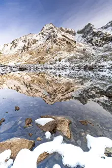 Sondrio Prints: Corna Nera mountain peak reflected in Rogneda lake during the autumn sunrise