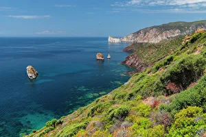 Costa Verde with Pan de Zucchero and Agusteri rock, Nebida, Sud Sardegna district, Sardinia, Italy, Mediterranean, Europe
