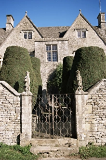 Gate Prints: Cotswold house, topiary and gate, Ablington, Gloucestershire, The Cotswolds