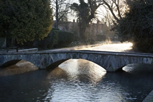 Misty Prints: Cotswold stone bridge over River Windrush in mist, Bourton-on-the-Water, Cotswolds