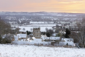 Cotswolds Prints: Cotswold village and landscape in snow at sunrise, Bourton-on-the-Hill, Cotswolds
