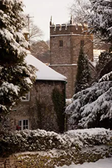 Cottage Prints: Cottage and church, Ashford in the Water, Derbyshire, England, United Kingdom, Europe