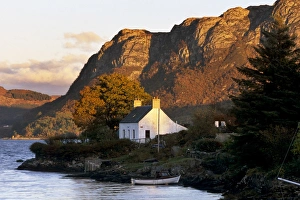 Plockton Prints: Cottage and hills at sunset