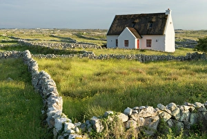 Connacht Prints: Cottage and low stone wall, Connemara, County Galway, Connacht, Republic of Ireland