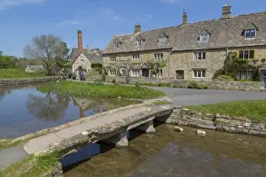 Lower Slaughter Prints: Cottages, Old MIll Museum and bridge over the River Eye in Lower Slaughter, Cotswolds