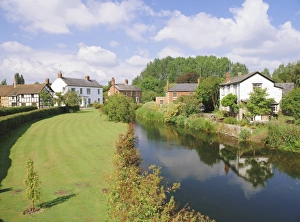 Herefordshire Prints: Cottages and River Arrow from the bridge, Eardisland, Herefordshire, England, UK, Europe