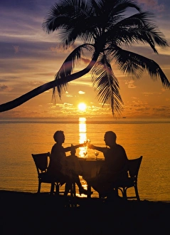 Chair Prints: Couple having dinner at the beach, toasting glasses, Maldives, Indian Ocean, Asia