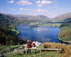Couple Prints: Couple resting on bench, viewing the lake at Grasmere, Lake District, Cumbria