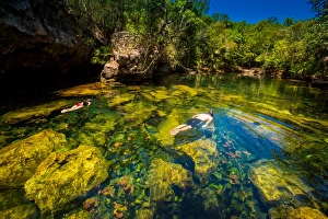 Water Sports Prints: Couple snorkels in the cenotes of Chiken-ha, Tulum, Mexico, North America