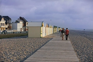 Board Walk Prints: Couple walking along wooden planche (boardwalk), shingle beach, Cayeux sur Mer