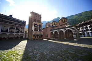 Bulgarian Prints: Courtyard, Church of the Nativity and Hrelyos Tower, Rila Monastery