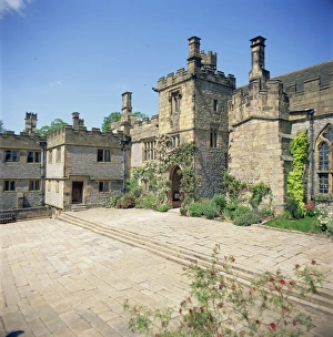 Mansions Prints: In the courtyard, Haddon Hall, Derbyshire, England, United Kingdom, Europe