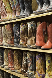 Abundance Prints: Cowboy boots lining the shelves, Austin, Texas, United States of America, North America