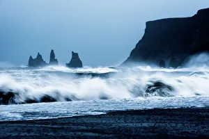 Silhouetted Prints: Crashing waves on Black Sand Beach, Iceland, Polar Regions