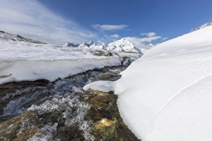 Lombardy Prints: A creek in the snowy vallley with Monte Disgrazia in the background, Malenco Valley
