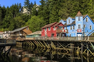 Coastal Town Prints: Creek Street, Ketchikan Creek boardwalk, historic red-light district, beautiful sunny