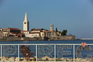 Old Towns Prints: Croatia Sign, Tower of Euphrasian Bascilica in the background