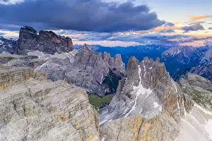 Dolomites Prints: Croda dei Toni, Cima dell Agnello and Campanili del Marden after sunset, aerial view