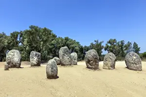 The Cromlech of the Almendres megalithic stone circle near Evora, Alentejo, Portugal