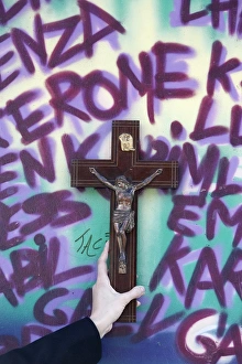 Images Dated 18th March 2007: Cross and graffiti, Chambery, Savoie, France, Europe
