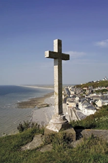 Picardie Prints: Cross above the seaside town of Ault, Picardy, France, Europe