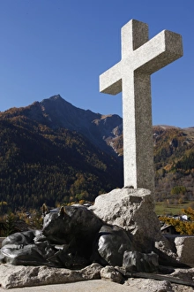Courmayeur Prints: Cross and statue of mountain guide dog, Courmayeur, Val d Aoste, Italy, Europe