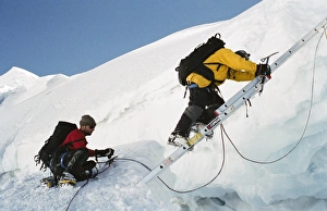 La Paz Prints: Crossing crevasse when climbing Huayna Potosi, Cordillera Real, Bolivia, South America