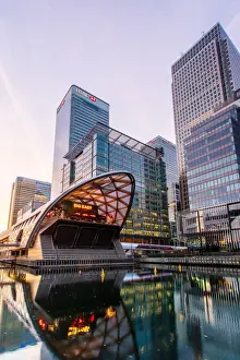 Light Beam Prints: Crossrail station and office buildings reflecting in dock before sunrise