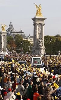 Crowd cheering the Pope during Holy Mass during Pope Benedict XVIs visit to France