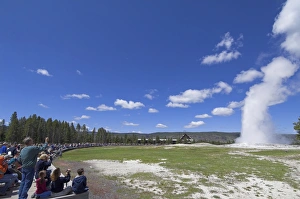 Images Dated 9th June 2007: Crowds of spectators watching Old Faithful Geyser erupting, Upper Geyser Basin